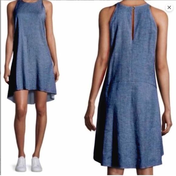 THEORY Adlerdale Sleeveless Linen Blend Dress Navy Blue Sz 4 Swing High Low - Picture 1 of 8